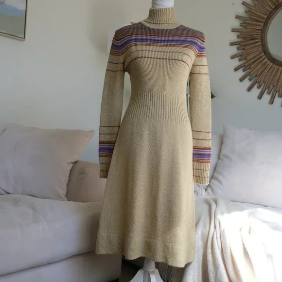 Vintage Bargello Knitted Camel Colored Striped Turtleneck Sweater Dress - Picture 2 of 11